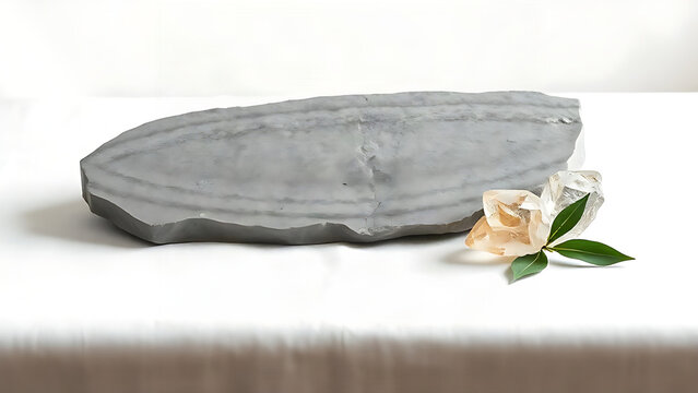 Grey diorite slab with quartz and leaf on linen, natural stone and organic balance concept