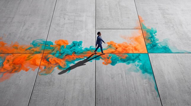 Businesswoman Walking with Colorful Smoke Trail Representing Innovation