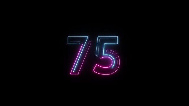 Number 75 in neon style, neon number with transparent background, seventy five