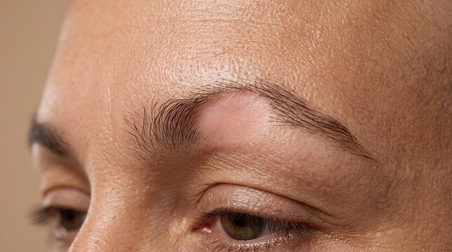 Macro view of alopecia areata causing patchy hair loss on eyebrow, autoimmune dermatological pathology feature