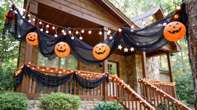 Halloween decorated house porch with jack o lanterns and spooky black netting
