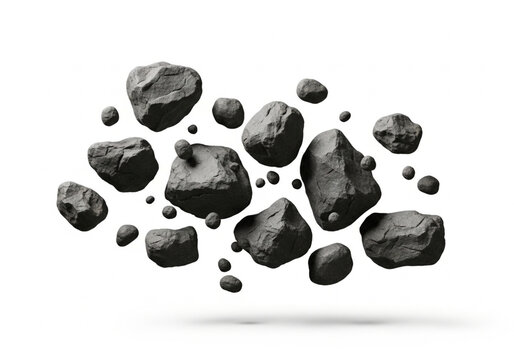Floating dark grey rocks and stones in a cluster
