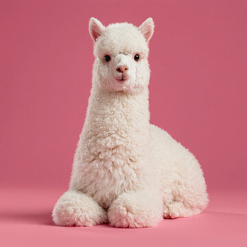 Cute white alpaca sitting against a pink background with cute animal