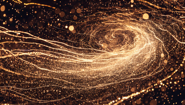 A mysterious dark background filled with glowing golden particles resembling enchanted fireflies, forming a subtle galaxy-shaped spiral with long-exposure light trails, dreamy bokeh, magical Christmas