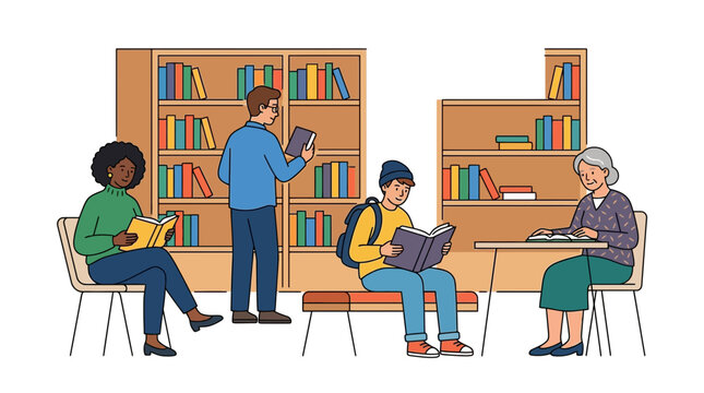 Diverse people reading books in a modern library, learning and knowledge