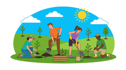Naklejka premium Diverse group planting trees outdoors in sunny park, teamwork, environment, gardening