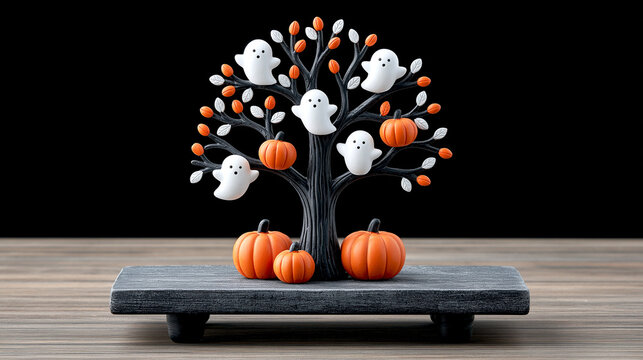 Decorative halloween tree centerpiece with ghosts and pumpkins on a rustic stone base