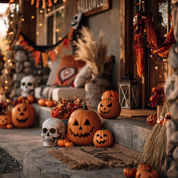Festive halloween porch decoration with carved jack o lanterns and a skull on the doorstep