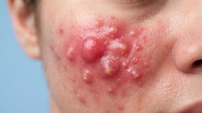 Macro shot of clustered purulent inflamed pimples erupting on face, severe dermatological follicle inflammation