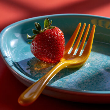 Single ripe red strawberry served on a blue plate with a golden fork red fruit berry snack