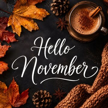 Hello November autumn greeting, cozy fall flat lay with coffee and maple leaves, seasonal background with warm knit sweater and pinecones