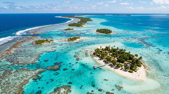 Aerial view of tropical atoll with turquoise lagoon and coral reefs in French Polynesia