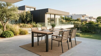 Fototapeta premium A comfortable dining set sits on a sunlit terrace area during a warm afternoon near a residence featuring lush green landscaping and large windows which create an inviting space for social