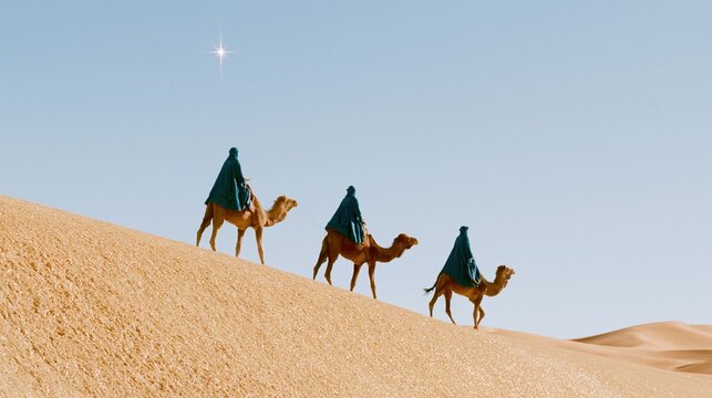 Three riders on camels traveling in a line across a golden desert dune ridge under a bright star for nativity and Christmas themes