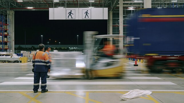 Southeast Asian woman in hi-vis gear waiting at a warehouse intersection, glowing headlight wash and dark atmosphere for workplace safety and logistics