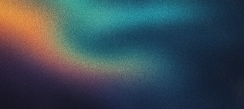 Abstract grainy gradient background with soft light leak and film grain texture. Dark blue and teal blurred backdrop with warm orange glow. Retro aesthetic wallpaper for creative web design.