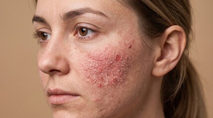 Fototapeta premium Close-up of female face with severe rosacea peeling skin or lupus malar butterfly rash