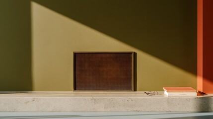 Naklejka premium Accessible hearth with a level threshold and brass details, featuring a smooth limestone surface and deep olive walls for inclusive home design and copy space
