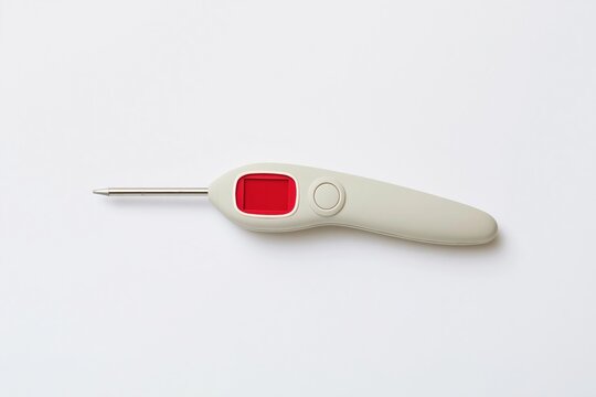 Digital food thermometer with a blank red display and stainless probe on a white background, a clean mockup for kitchen gadgets and food safety