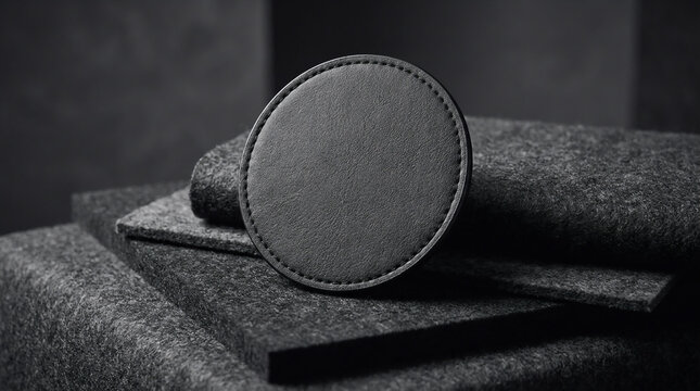 A circular leather patch with refined stitching details placed on top of layered dark grey felt fabric textures in a professional close-up shot.