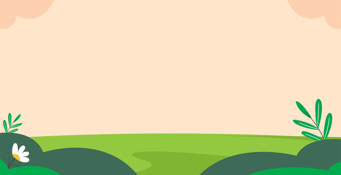 Charming minimal spring backdrop with pastel peach sky soft green grassy fields and delicate floral plant elements.