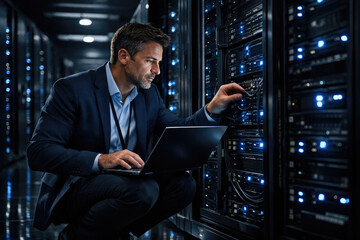 Fototapeta premium Male IT technician configuring server equipment while using a laptop in a data center. Cybersecurity, cloud computing, network maintenance, and enterprise technology infrastructure concept.