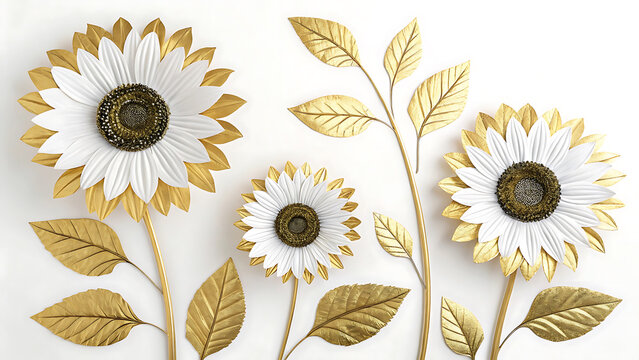 Three white and gold sunflower blossoms with metallic stems
