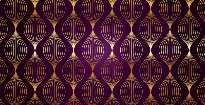 Luxurious seamless pattern with vertical golden ornate lines on a deep purple background, ideal for upscale branding and decor.