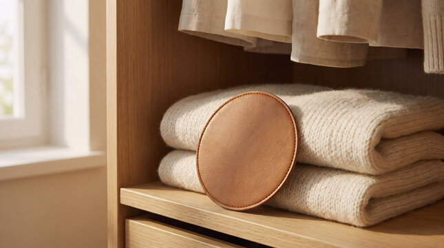 A circular leather patch rests on a stack of neatly folded cream-colored woolen sweaters inside a wooden closet organizer for a cozy minimalist home aesthetic