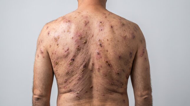 Man back covered with severe excoriated lesions scabs and scars from prurigo nodularis or chronic picking