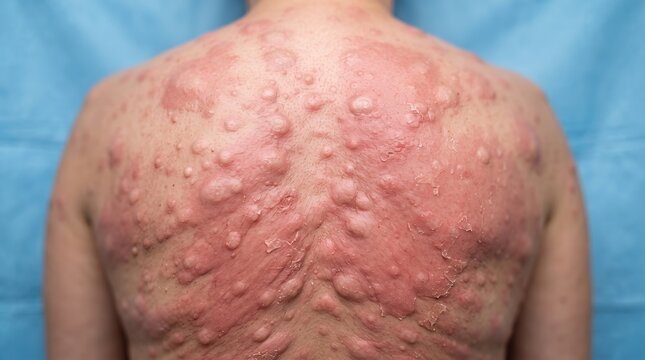Severe case of nodulocystic acne or steatocystoma multiplex with large painful bumps on a male back