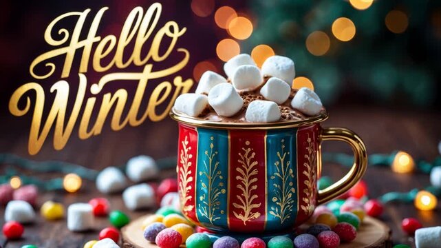 Greeting card banner inscription Hello, winter background mug cocoa and marshmallows AI Generative