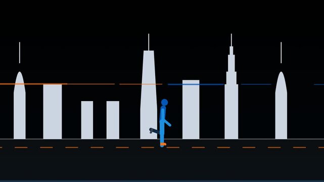 Blue Stick Figure Running Through A Stylized New York City Skyline at Night Illustration
