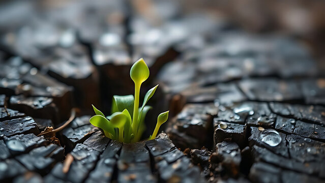 Green sprouts emerging from the cracked bark of an old tree stump.