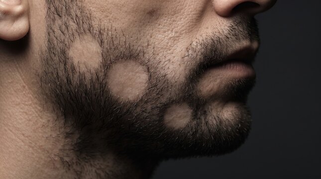 Close up of a man jaw and beard area showing multiple round bald patches of alopecia barbae