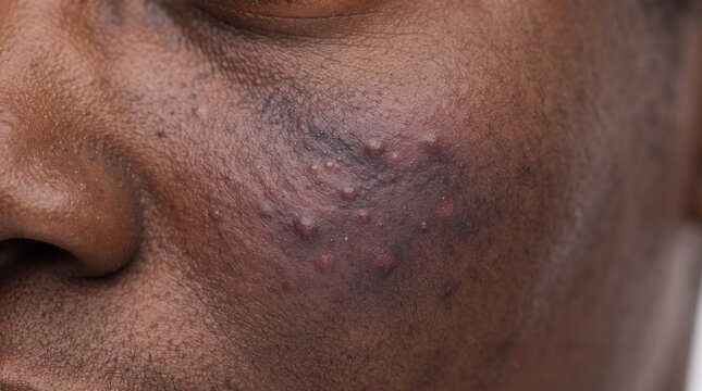 Close up of post-inflammatory hyperpigmentation dark spot and papules on dark skin cheek