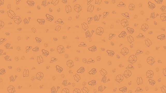 A charming and whimsical pattern featuring hand-drawn line art icons of summer vacation essentials on a vibrant orange background. Perfect for travel blogs, summer promotions, or any project evoking