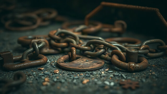 Rusty iron chains and shackles scattered on textured ground, weathered metal surfaces.
