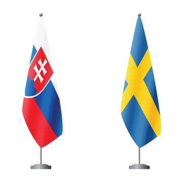 Slovakia and Sweden flags on flagpoles for official ceremonies and meetings, transparent background vector