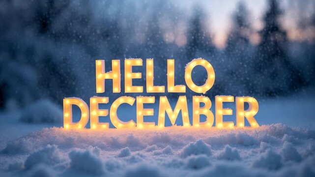 Greeting card banner with inscription Hello, December on background of snowy forest AI Generative