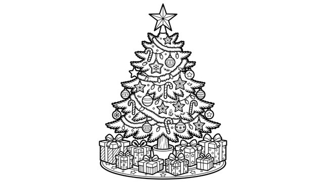 Christmas tree with gifts coloring page vector illustration