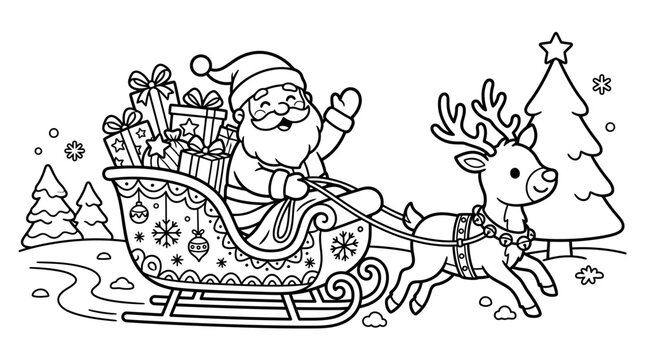 Santa Claus riding sleigh with reindeer coloring page vector illustration