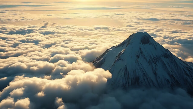 Snow-covered mountain peak above the clouds with sun rays breaking through.