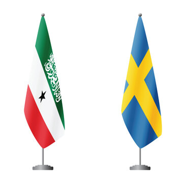 Somaliland and Sweden flags on flagpoles for official ceremonies and meetings, transparent background vector