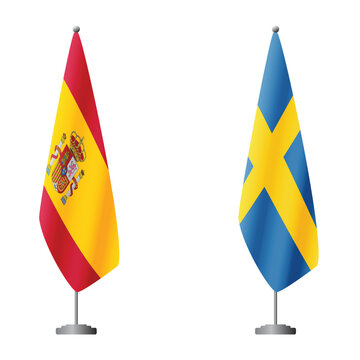 Spain and Sweden flags on flagpoles for official ceremonies and meetings, transparent background vector