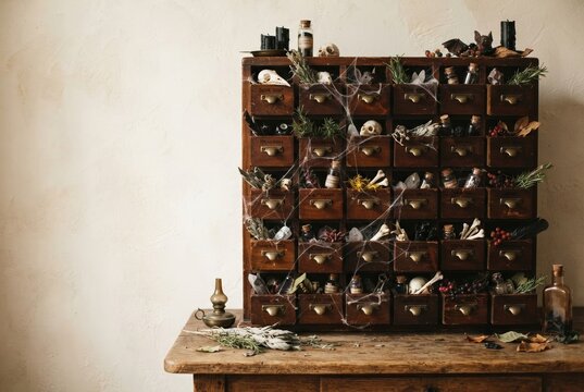 Old wooden apothecary cabinet filled with spooky specimens and dried herbs on a cream background, featuring copy space for Halloween campaigns