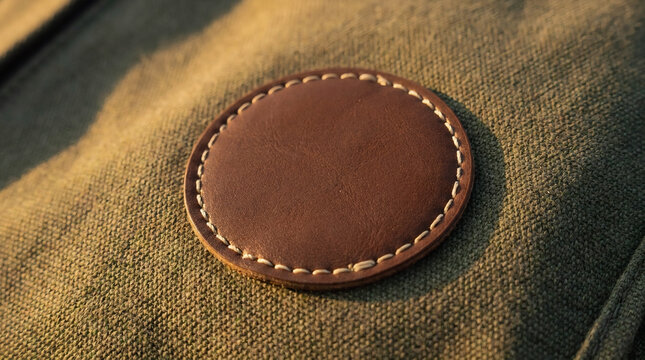 A close-up view of a circular leather patch with white stitching detail sewn onto a rugged olive green canvas fabric in soft natural afternoon sunlight