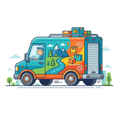 Fototapeta premium Delivery Van with Package Artwork, Driver, and Scenic Design - Isolated