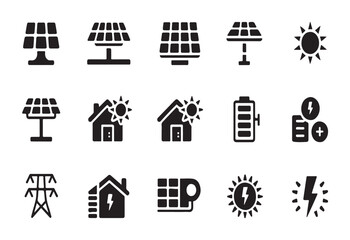 Fototapeta premium Solar energy and residential power flat icons set featuring sun panels house battery and power lines.