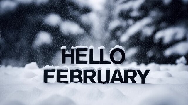 Greeting card banner with inscription Hello, February on background of snowy forest AI Generative